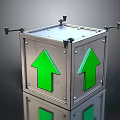 Metallic Cube Structure With Green Arrows And Mounting Brackets