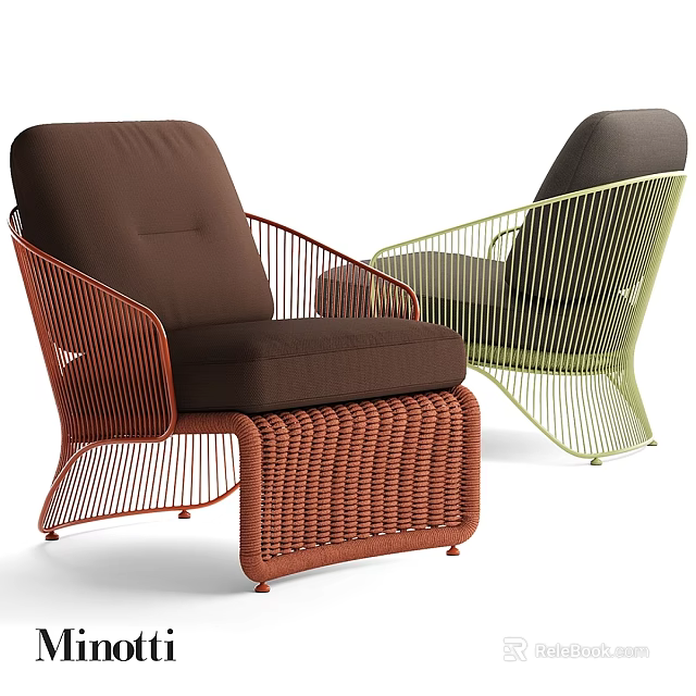 Modern Leisure Chairs In Brown Green With Wire Frames Woven Details And Cushioned Seats 3d model 