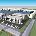 Modern Industrial Factory Building With Large Glass Curtain Walls Lawn And White Flowers