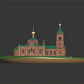 Historic Red Brick Architecture With Green Roof Golden Domes Tower And Arched Doorway