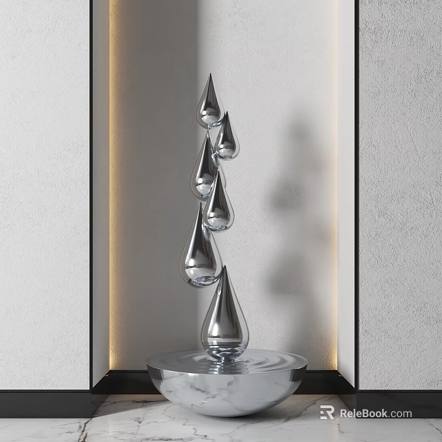 Silver Water Drop Sculpture With Stacked Teardrop Design And Circular Base 3d model 
