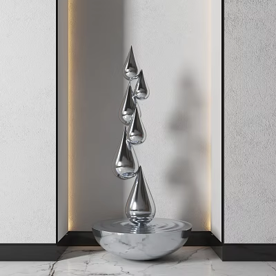 Silver Water Drop Sculpture With Stacked Teardrop Design And Circular Base 3d model