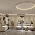 Modern Clothing Store Interior With Arc Entrance Displayed Clothes Hanging Lights And Plants