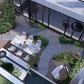 Courtyard Garden Outdoor Dining Space With Marble Table White Chairs Green Plants And Modern Fountain