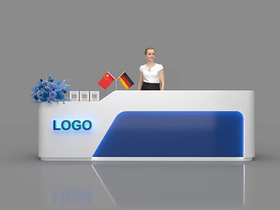 Modern White And Blue Reception Desk With Logo Flags And Female Receptionist 3d model