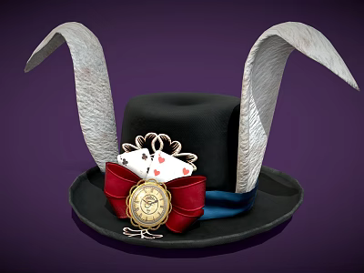 Black Hat With Long White Rabbit Ears Red Bow Playing Card Decorations And Golden Badge 3d model