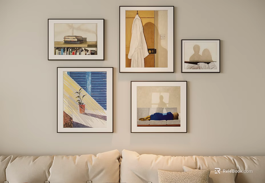 Stylish Gallery Wall With Five Framed Artworks Above Beige Sofa In Living Room 3d model 