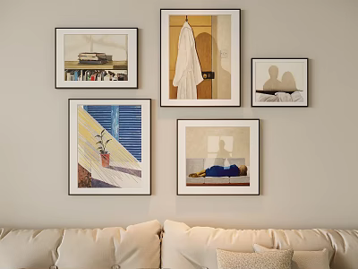 Stylish Gallery Wall With Five Framed Artworks Above Beige Sofa In Living Room 3d model