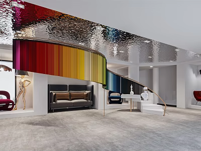 Modern Reception Area With Rainbow Striped Backdrop Metallic Ceiling And Leather Sofa Decor 3d model