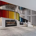 Modern Reception Area With Rainbow Striped Backdrop Metallic Ceiling And Leather Sofa Decor 3d model
