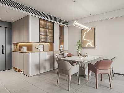 Modern Restaurant Interior Featuring Dining Table Chairs Light Colored Cabinet Hanging Lamp And Decorative Art 3d model