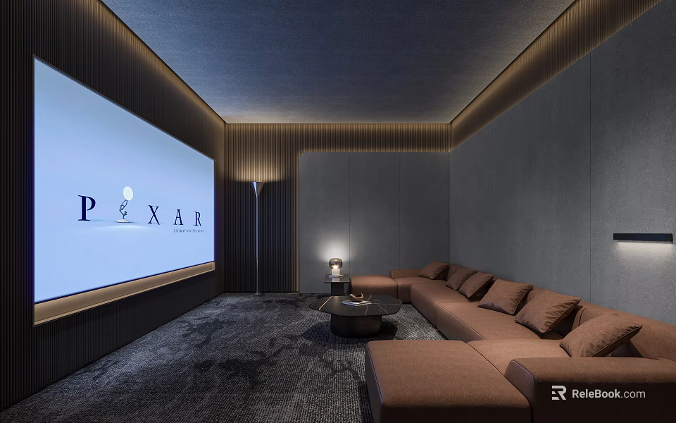 Modern Home Theater Interior With Large Screen Brown Sofa And Cozy Lighting 3d model 
