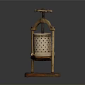 Vintage Wooden Manual Fruit Press With Perforated Container And Stand