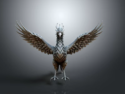 Mythical Bird with Spread Wings Crowned Head and Metallic Feather Texture on Grey Background 3d model