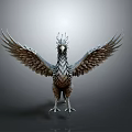Mythical Bird with Spread Wings Crowned Head and Metallic Feather Texture on Grey Background