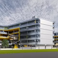 Modern School Building With Theatre Glass Facade Yellow Accents And Landscaped Trees