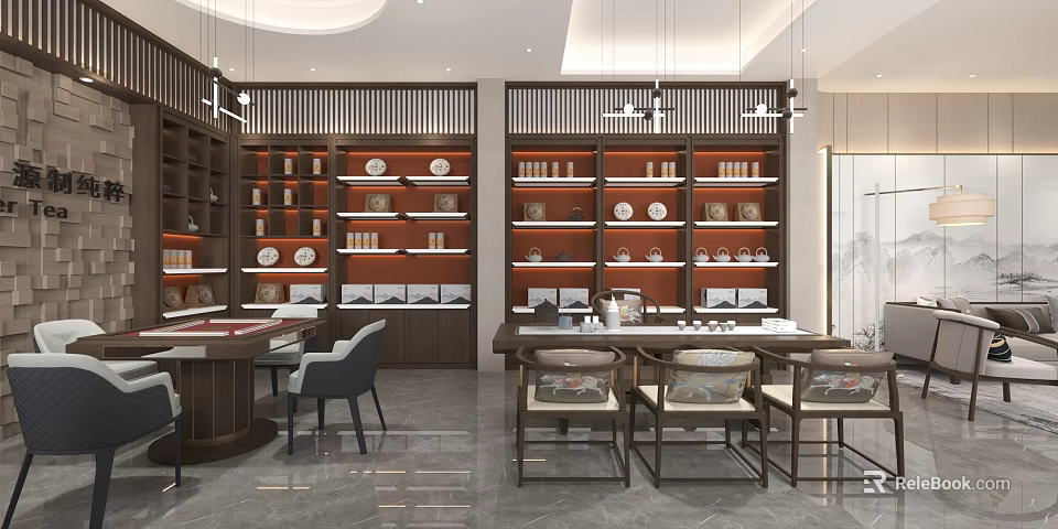 Traditional Chinese Teahouse With Display Shelves And Teaware 3d model 
