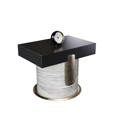 Black Top Side Table With Wooden Textured Base And Metal Accent Featuring Small Clock 3d model
