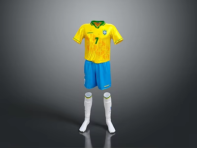 Brazilian Soccer Uniform With Yellow Shirt Blue Shorts White Socks Number 7 And Flag Pattern 3d model