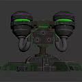 Futuristic Robotic Turret With Green Glowing Sensors Multiple Barrels And Metal Base