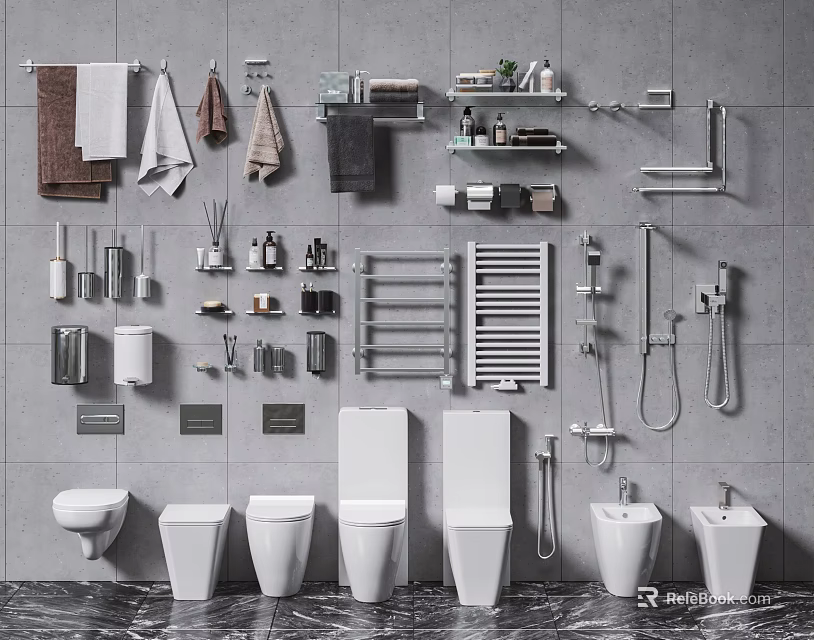 Modern Bathroom Suite With Toilets Basins Towel Racks Shelves And Shower Accessories 3d model 