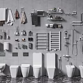 Modern Bathroom Suite With Toilets Basins Towel Racks Shelves And Shower Accessories