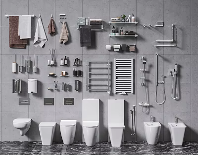 Modern Bathroom Suite With Toilets Basins Towel Racks Shelves And Shower Accessories 3d model