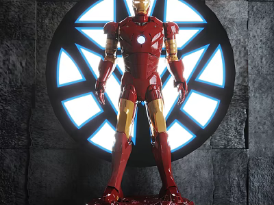 Iron Man Figure In Red Gold Armor With Circular Glowing Device And Stone Wall Background 3d model
