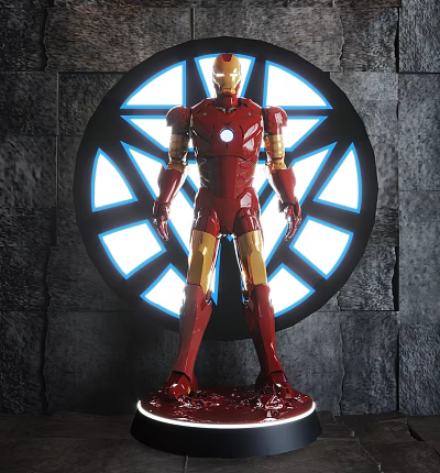 Iron Man Figure In Red Gold Armor With Circular Glowing Device And Stone Wall Background 3d model