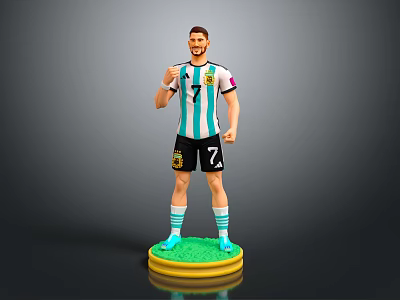 Collectible Argentina Football Player Figurine Wearing Number 7 Jersey On Green Yellow Base 3d model