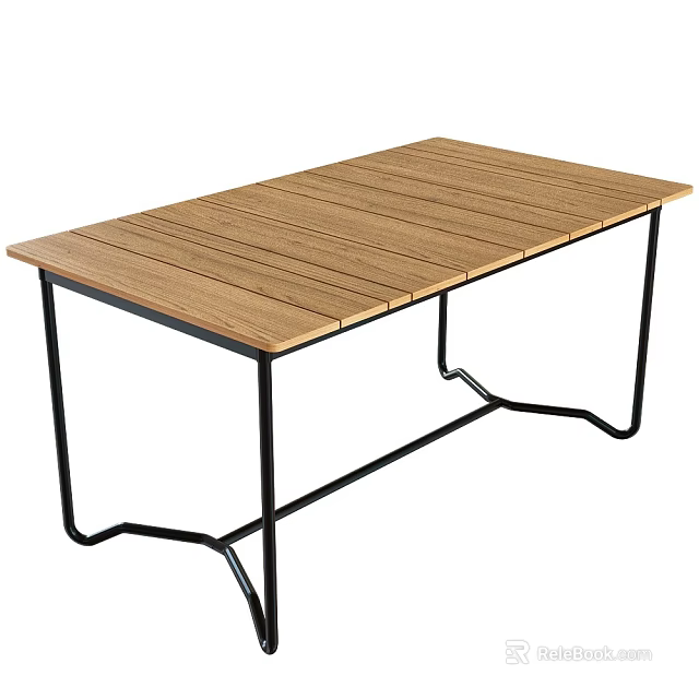 Modern Rectangular Dining Table With Wooden Tabletop And Black Metal Legs 3d model 