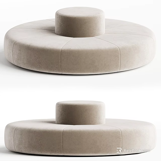 Modern Round Beige Velvet Sectional Sofa With Central Cylindrical Ottoman 3d model 