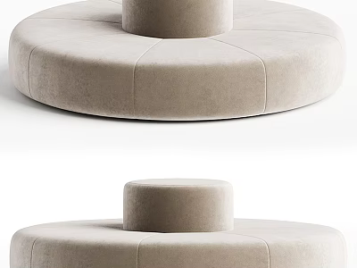 Modern Round Beige Velvet Sectional Sofa With Central Cylindrical Ottoman 3d model