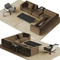 Modern L Shaped Sofa And Coffee Table Set With Brown Fabric And Black Tabletop 3d model