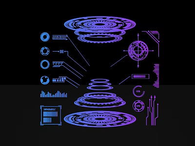 Futuristic Tech Inspired Sculpture Carving With Blue Purple Gear And Circular Structures 3d model