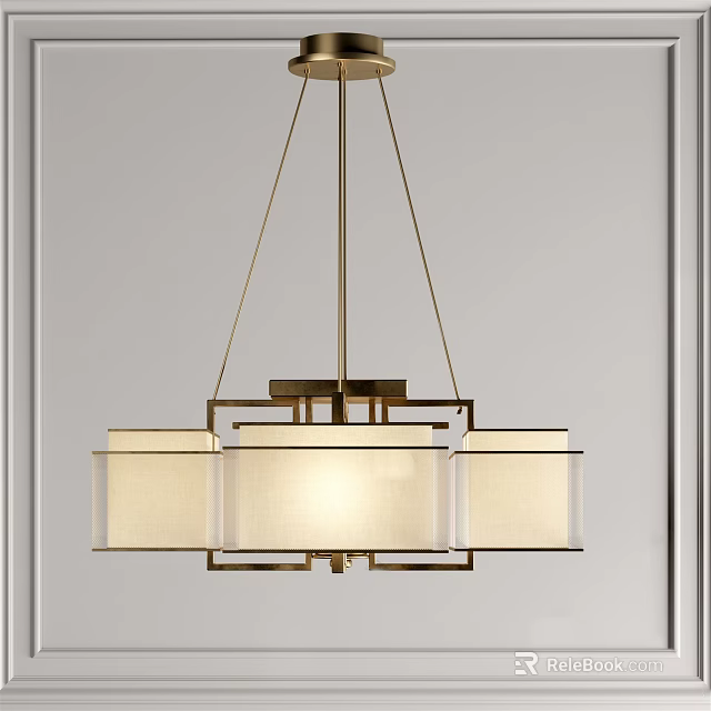 Modern Brass Chandelier With Rectangular White Fabric Shades And Geometric Frame 3d model