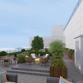 Stylish Roof Terrace With Wooden Deck Tables Chairs Umbrellas Green Plants And Ping Pong Table