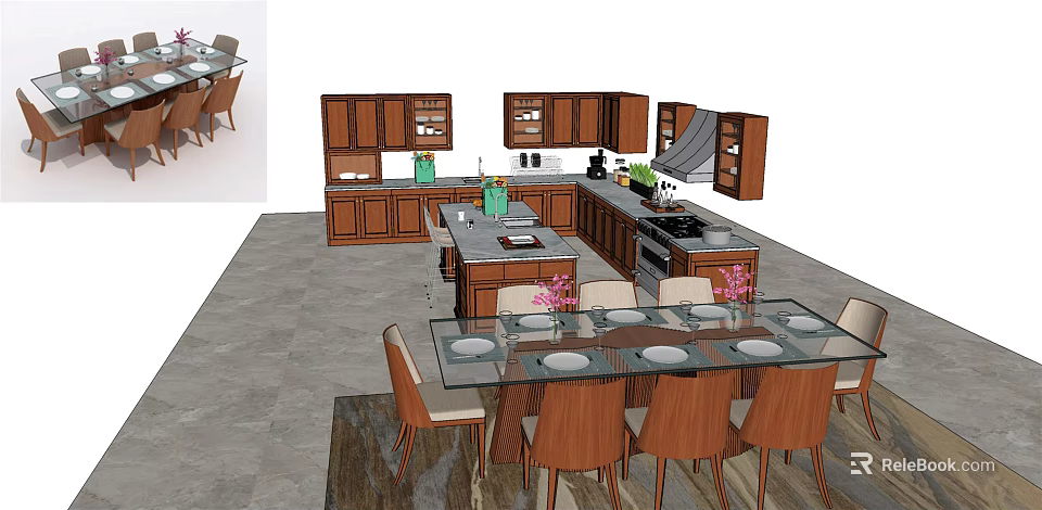 Modern Kitchen Interior With Wooden Cabinets Dining Table And Chairs 3d model 