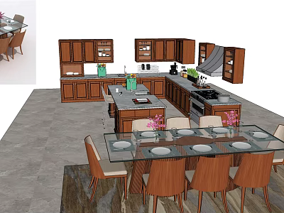 Modern Kitchen Interior With Wooden Cabinets Dining Table And Chairs 3d model