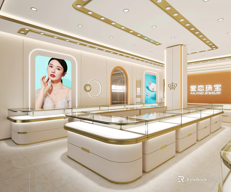 Elegant Jewelry Store Interior Design With Glass Display Counters And Warm Lighting 3d model 