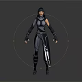 Hooded Female Game Character In Black Gray Tight Suit With Armored Details And Combat Gear