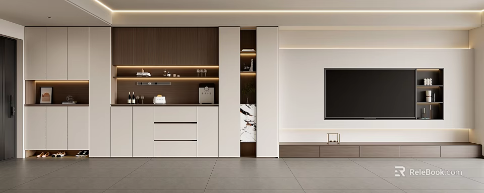 Modern TV Wall Cabinet Design With Storage Shelves Drawers And Ambient Lighting 3d model 