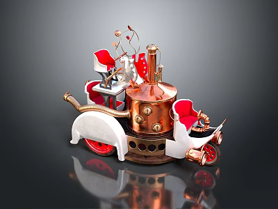 Ornamental Decorative Set with Copper and White Design Red Seats Vintage Wheels for Home Decoration 3d model