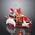 Ornamental Decorative Set with Copper and White Design Red Seats Vintage Wheels for Home Decoration