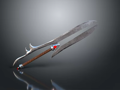 Double Bladed Long Handle Weapon With Sharp Blades Brown Textured Grip And Silver Decorative End 3d model