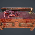Wooden Chest Displaying Red Substance On Top And Candle By Decorative Drawers