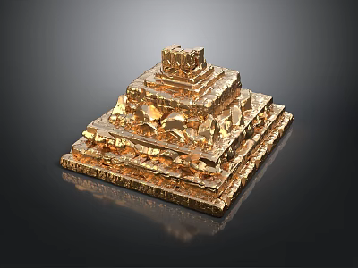 Golden Multi Tiered Architectural Structure With Pyramidal Design Intricate Carvings And Decorative Top 3d model