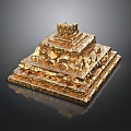 Golden Multi Tiered Architectural Structure With Pyramidal Design Intricate Carvings And Decorative Top