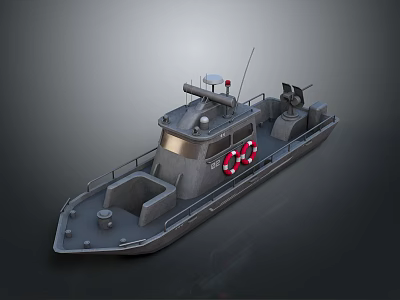 Gray Metal Patrol Boat With Antenna And Equipment On Deck Red Life Ring On Side 3d model