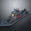 Gray Metal Patrol Boat With Antenna And Equipment On Deck Red Life Ring On Side